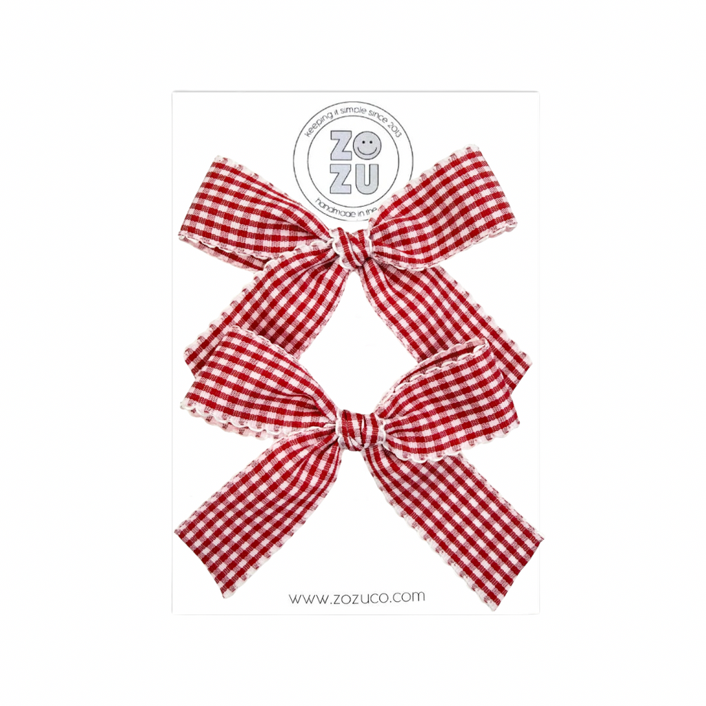 Red Gingham Scallop Edge :: Mini Explorer Ribbon Pigtail Set